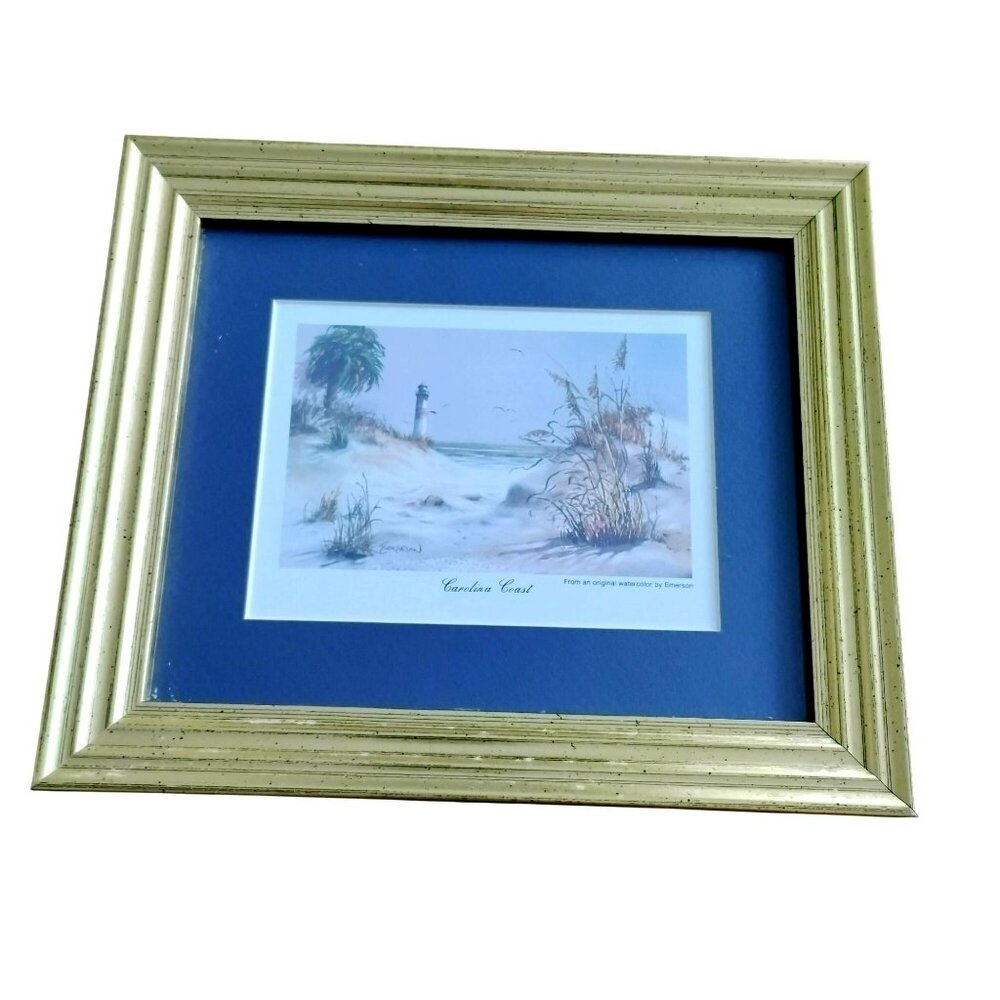 Vintage Gold Frame Watercolor Print by Emerson, Carolina Coast, Beach Lighthouse
